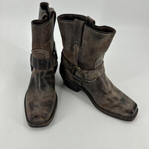 Frye 8R Harness Ankle Boots Womens 7.5M Distressed Leather Square Toe Moto Biker